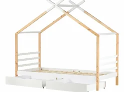 Clearance ModernLuxe Cama cabina 90x200 cm de madera maciza con 2 cajones - Natural & White Color natural claro / Blanco
