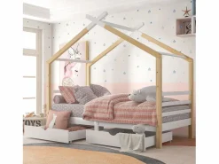 Clearance ModernLuxe Cama cabina 90x200 cm de madera maciza con 2 cajones - Natural & White Color natural claro / Blanco