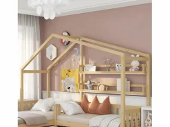 Discount ModernLuxe Cama cabina 90x200cm + 140x70cm de madera maciza - con cajones y estantes + somier - Natural Color natural claro