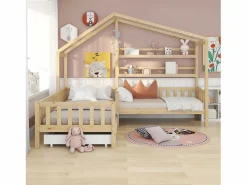 Discount ModernLuxe Cama cabina 90x200cm + 140x70cm de madera maciza - con cajones y estantes + somier - Natural Color natural claro
