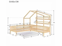 Discount ModernLuxe Cama cabina 90x200cm + 140x70cm de madera maciza - con cajones y estantes + somier - Natural Color natural claro