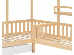 Discount ModernLuxe Cama cabina 90x200cm + 140x70cm de madera maciza - con cajones y estantes + somier - Natural Color natural claro