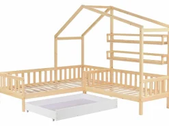 Discount ModernLuxe Cama cabina 90x200cm + 140x70cm de madera maciza - con cajones y estantes + somier - Natural Color natural claro