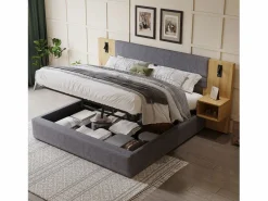 Merax Cama canapé de 180 x 200 cm con gran cabecero y 2 mesitas de noche - Toma USB y 2 lámparas de lectura - Madera y terciopelo - + natural (sin colchón)