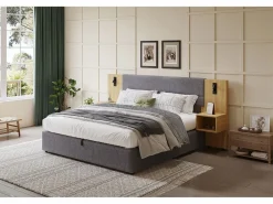Merax Cama canapé de 180 x 200 cm con gran cabecero y 2 mesitas de noche - Toma USB y 2 lámparas de lectura - Madera y terciopelo - + natural (sin colchón)