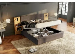 Merax Cama canapé de 180 x 200 cm con gran cabecero y 2 mesitas de noche - Toma USB y 2 lámparas de lectura - Madera y terciopelo - + natural (sin colchón)