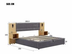Merax Cama canapé de 180 x 200 cm con gran cabecero y 2 mesitas de noche - Toma USB y 2 lámparas de lectura - Madera y terciopelo - + natural (sin colchón)