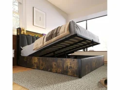 Cama canapé para adulto 180x200cm con estructura de metal - cabecero con USB y LED - lino (sin colchón)