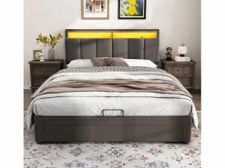 Discount Cama canapé 140x190 cm con cabecero y 2 cajones - LED - Tejido de lino - (sin colchón) Cama Con Canapé