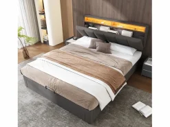 Discount Cama canapé 140x190 cm con cabecero y 2 cajones - LED - Tejido de lino - (sin colchón) Cama Con Canapé