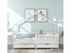Clearance ModernLuxe Cama casita infantil 90×200 cm - en madera maciza + MDF - con 2 cajones - con protección anti-caídas y somier de láminas - Blanco