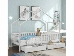 Clearance ModernLuxe Cama casita infantil 90×200 cm - en madera maciza + MDF - con 2 cajones - con protección anti-caídas y somier de láminas - Blanco