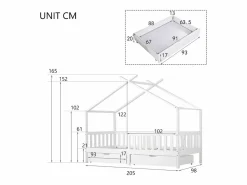 Clearance ModernLuxe Cama casita infantil 90×200 cm - en madera maciza + MDF - con 2 cajones - con protección anti-caídas y somier de láminas - Blanco