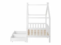 Clearance ModernLuxe Cama casita infantil 90×200 cm - en madera maciza + MDF - con 2 cajones - con protección anti-caídas y somier de láminas - Blanco