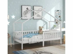 Hot ModernLuxe Cama casita infantil 90×200 cm - en madera maciza + MDF - con protección anti-caídas y somier de láminas - Blanco