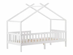 Hot ModernLuxe Cama casita infantil 90×200 cm - en madera maciza + MDF - con protección anti-caídas y somier de láminas - Blanco