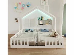Cama casita infantil 90 x 200 cm - con iluminación LED - con barreras de seguridad - con estantes de almacenamiento - ​ (colchón no incluido) Cama Montessori