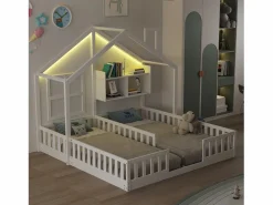 Cama casita infantil 90 x 200 cm - con iluminación LED - con barreras de seguridad - con estantes de almacenamiento - ​ (colchón no incluido) Cama Montessori