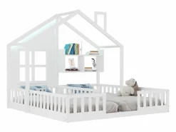 Cama casita infantil 90 x 200 cm - con iluminación LED - con barreras de seguridad - con estantes de almacenamiento - ​ (colchón no incluido) Cama Montessori