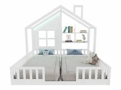 Cama casita infantil 90 x 200 cm - con iluminación LED - con barreras de seguridad - con estantes de almacenamiento - ​ (colchón no incluido) Cama Montessori
