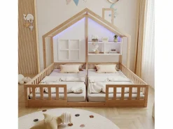 ModernLuxe Cama casita infantil 90 x 200 cm - con iluminación LED - con barreras de seguridad - con estantes de almacenamiento - natural​ (colchón no incluido)