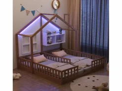 ModernLuxe Cama casita infantil 90 x 200 cm - con iluminación LED - con barreras de seguridad - con estantes de almacenamiento - natural​ (colchón no incluido)