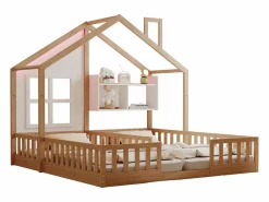 ModernLuxe Cama casita infantil 90 x 200 cm - con iluminación LED - con barreras de seguridad - con estantes de almacenamiento - natural​ (colchón no incluido)