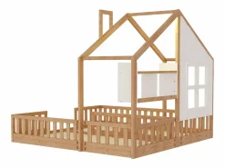 ModernLuxe Cama casita infantil 90 x 200 cm - con iluminación LED - con barreras de seguridad - con estantes de almacenamiento - natural​ (colchón no incluido)