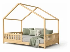 Cama casita infantil BOSCO 90x190 cm en madera de pino natural barnizada con somier de lamas – Estilo escandinavo unisex