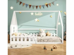 Hauss Spole Cama casita infantil 140x200 cm con barandilla y barra tipo casa, madera de pino, (sin colchón)