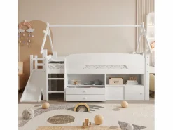 Online Cama casita infantil 90x200 cm - con tobogán de seguridad - con 2 cajones - con barreras de seguridad - ​ (colchón no incluido) Cama Alta