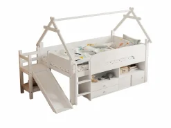 Online Cama casita infantil 90x200 cm - con tobogán de seguridad - con 2 cajones - con barreras de seguridad - ​ (colchón no incluido) Cama Alta