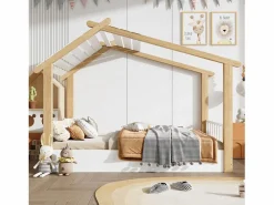 ModernLuxe Cama casita infantil 90x190cm - con somier de láminas - diseño de cabaña de troncos - Madera maciza + MDF - Natural