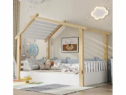ModernLuxe Cama casita infantil 90x190cm - con somier de láminas - diseño de cabaña de troncos - Madera maciza + MDF - Natural