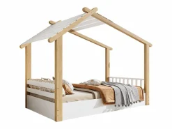 ModernLuxe Cama casita infantil 90x190cm - con somier de láminas - diseño de cabaña de troncos - Madera maciza + MDF - Natural