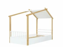 ModernLuxe Cama casita infantil 90x190cm - con somier de láminas - diseño de cabaña de troncos - Madera maciza + MDF - Natural