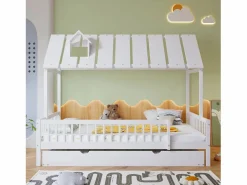 Outlet Cama casita 120x200cm con cama nido 120x190cm, Cama infantil con techo, chimenea, parrilla por 3 lados, pino + MDF, Blanco