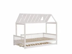Outlet Cama casita 120x200cm con cama nido 120x190cm, Cama infantil con techo, chimenea, parrilla por 3 lados, pino + MDF, Blanco