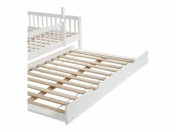 Outlet Cama casita 120x200cm con cama nido 120x190cm, Cama infantil con techo, chimenea, parrilla por 3 lados, pino + MDF, Blanco