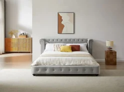 Sale Vente-unique Cama chesterfield 160 x 200 cm pana - TONGERLA Gris claro