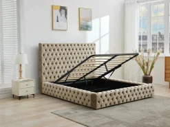 Vente-unique Cama Chesterfield Queen Size con almacenaje en terciopelo gris + colchón - DULENI