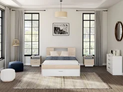 Vente-unique Cama compartimentos 140 x 190 cm color blanco y natural LEANDRE