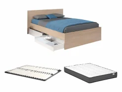 Vente-unique Cama con 2 cajones 140 x 190 cm natural y blanco brillante + somier + colchón - VELONA