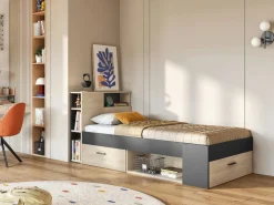 Best Cama con almacenaje 90 x 190 cm Color: natural y antracita con colchón. LEANDRE Cama Infantil