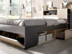 Sale Vente-unique Cama con almacenaje 140 x 190 cm, colores: natural y antracita + somier de láminas - LEANDRE Gris antracita / Color natural claro