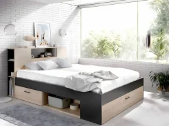 Best Cama con almacenaje 140 x 190 cm natural y antracita + somier + colchón - LEANDRE Cama Adulto