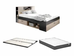 Best Cama con almacenaje 140 x 190 cm natural y antracita + somier + colchón - LEANDRE Cama Adulto