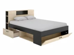 Best Cama con almacenaje 140 x 190 cm natural y antracita + somier + colchón - LEANDRE Cama Adulto