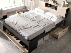 Best Cama con almacenaje 140 x 190 cm natural y antracita + somier + colchón - LEANDRE Cama Adulto
