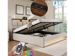 ModernLuxe Cama con almacenaje de lino 180x200 cm con LED y puertos USB - somier -